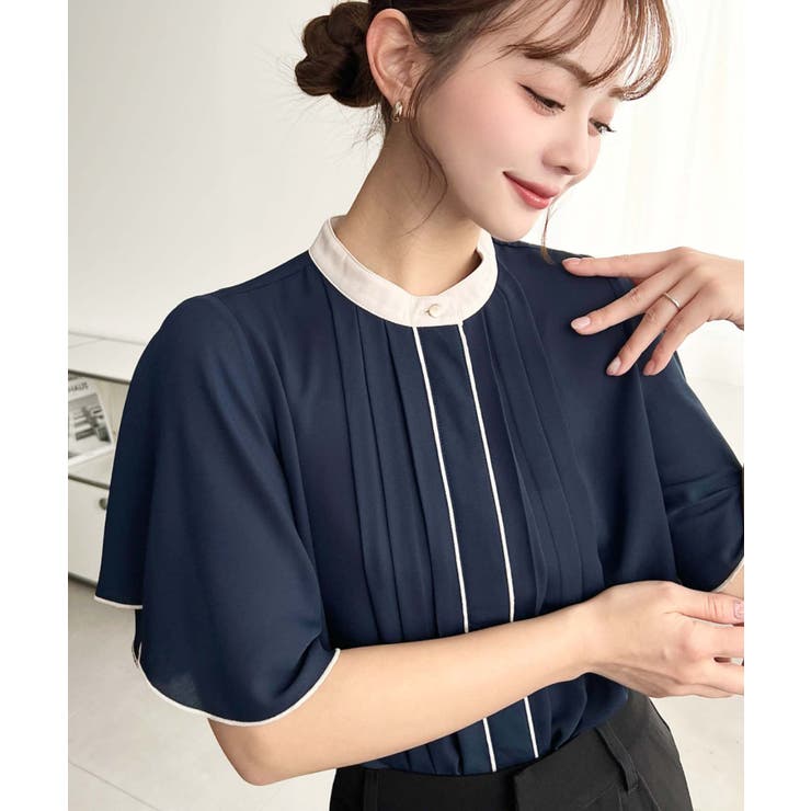 フロントタックバイカラーラッフルスリーブ半袖ブラウス シフォン