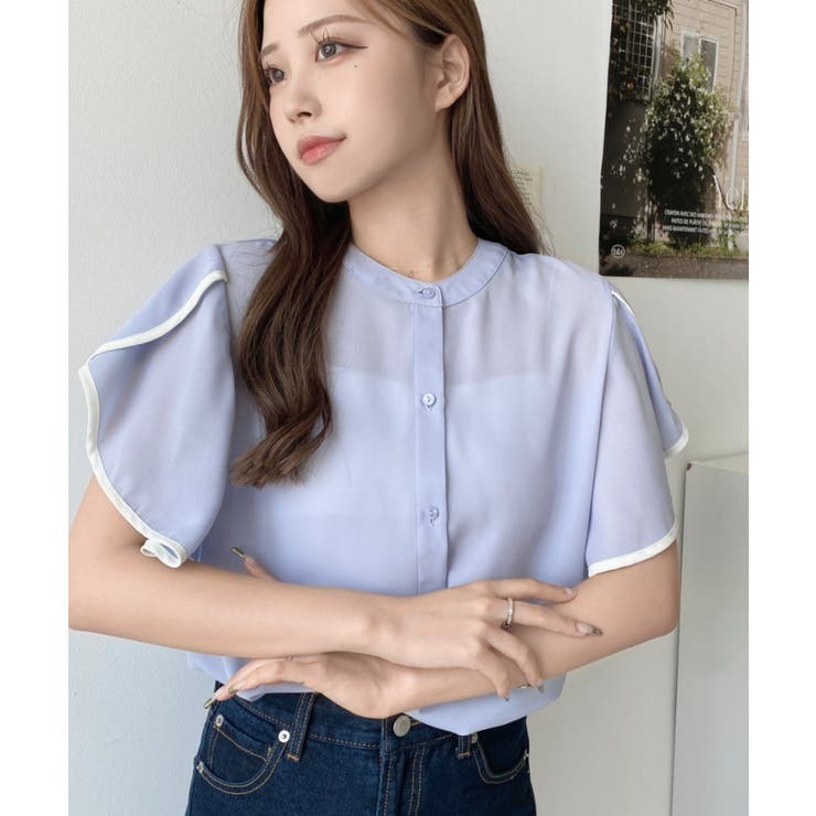 シフォンジョーゼットチューリップ袖配色パイピング半袖ブラウス[品番