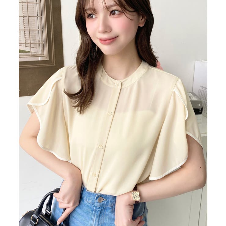 シフォンジョーゼットチューリップ袖配色パイピング半袖ブラウス