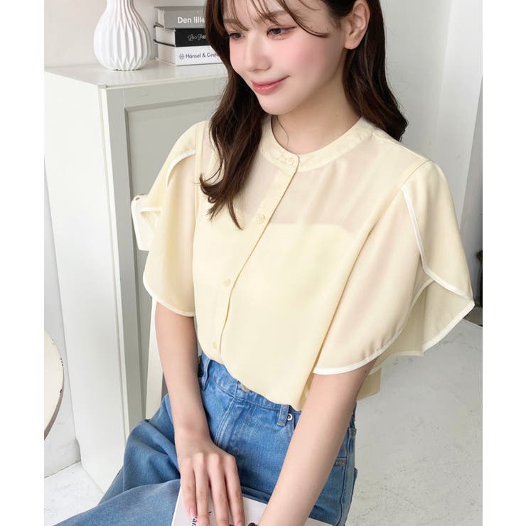シフォンジョーゼットチューリップ袖配色パイピング半袖ブラウス