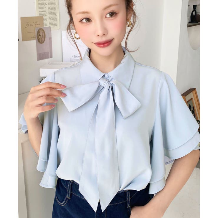シフォンジョーゼットチューリップ袖配色パイピング半袖ブラウス