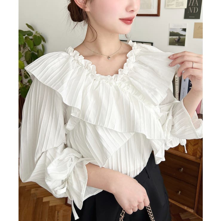 ドビーストライプマルチウェイオフショルクロスフリルショート丈ブラウス | moment+ | 詳細画像13 