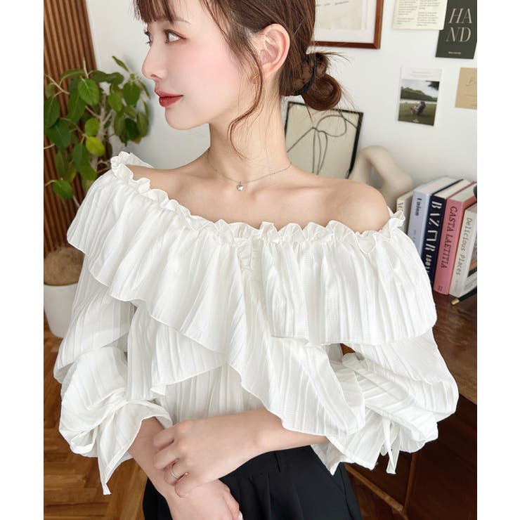 ドビーストライプマルチウェイオフショルクロスフリルショート丈ブラウス | moment+ | 詳細画像14 