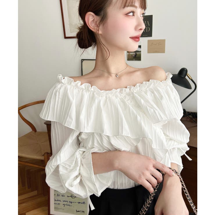 ドビーストライプマルチウェイオフショルクロスフリルショート丈ブラウス | moment+ | 詳細画像15 