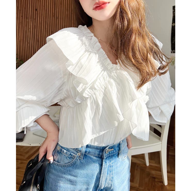 ドビーストライプマルチウェイオフショルクロスフリルショート丈ブラウス | moment+ | 詳細画像2 