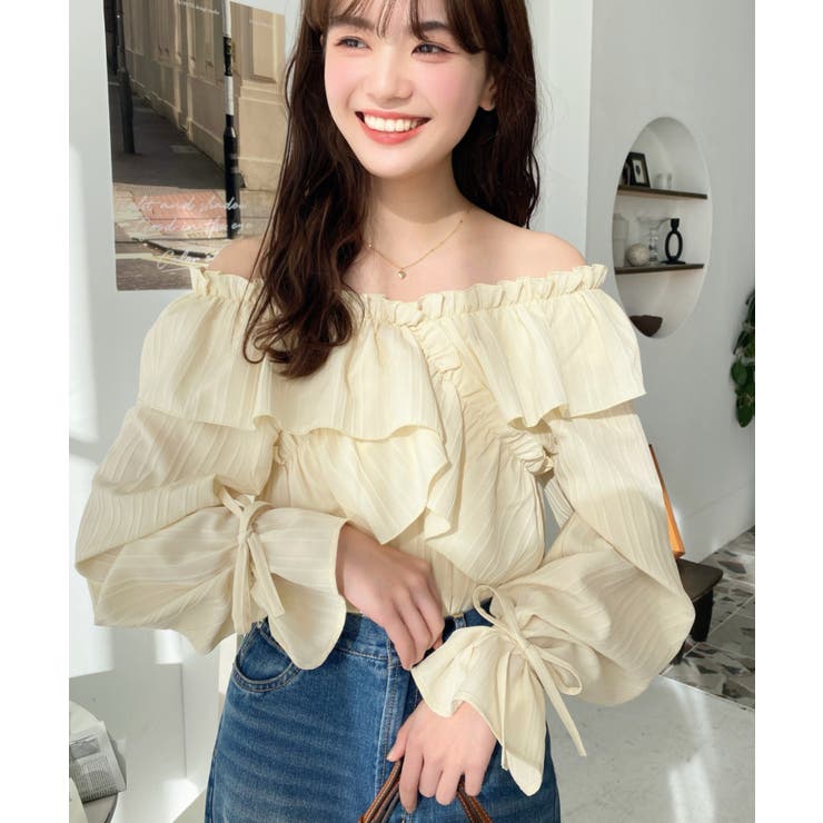 ドビーストライプマルチウェイオフショルクロスフリルショート丈ブラウス | moment+ | 詳細画像24 