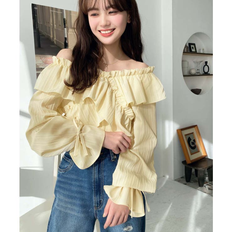 ドビーストライプマルチウェイオフショルクロスフリルショート丈ブラウス | moment+ | 詳細画像28 