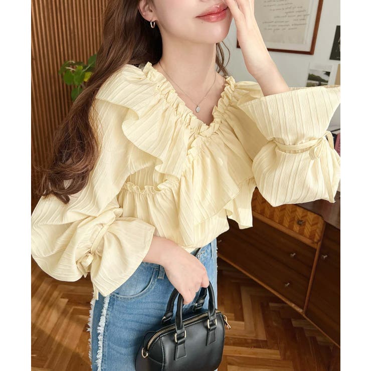 ドビーストライプマルチウェイオフショルクロスフリルショート丈ブラウス | moment+ | 詳細画像29 