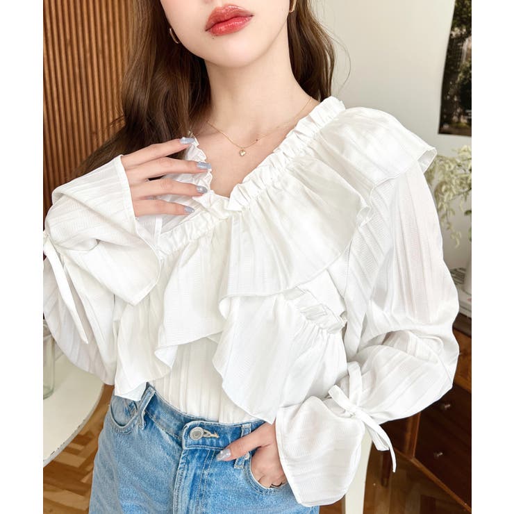 ドビーストライプマルチウェイオフショルクロスフリルショート丈ブラウス | moment+ | 詳細画像3 