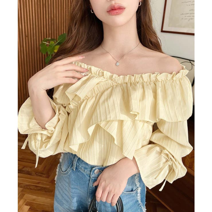 ドビーストライプマルチウェイオフショルクロスフリルショート丈ブラウス | moment+ | 詳細画像30 