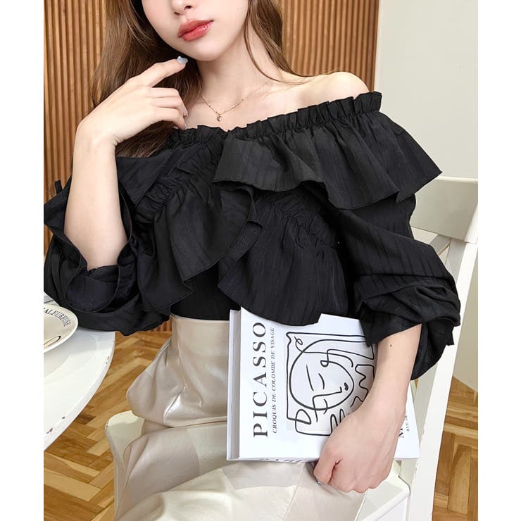 ドビーストライプマルチウェイオフショルクロスフリルショート丈ブラウス | moment+ | 詳細画像43 