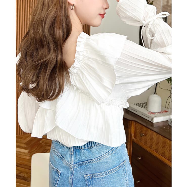 ドビーストライプマルチウェイオフショルクロスフリルショート丈ブラウス | moment+ | 詳細画像5 