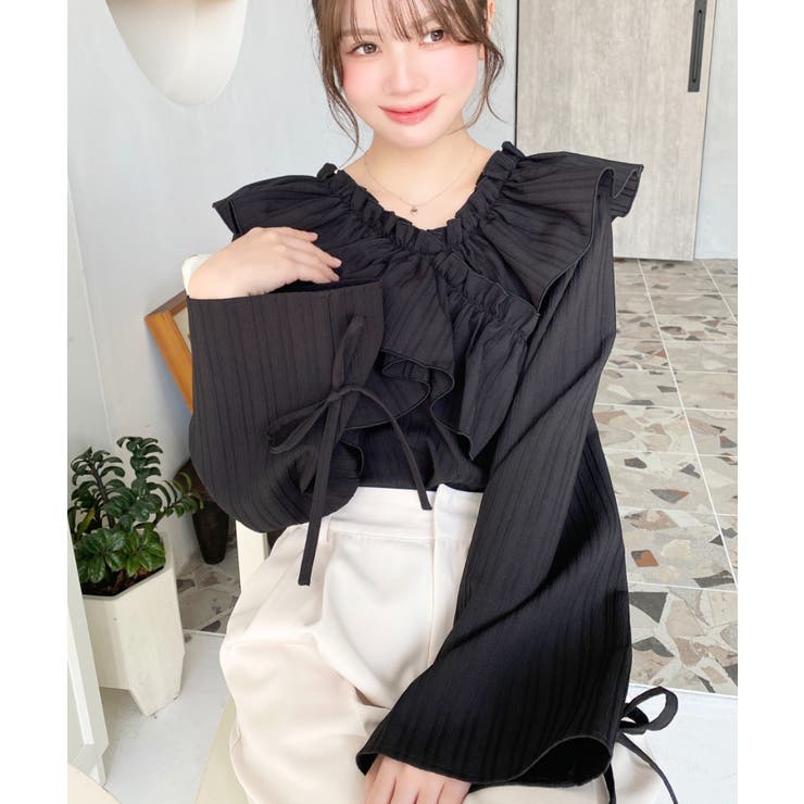 ドビーストライプマルチウェイオフショルクロスフリルショート丈ブラウス | moment+ | 詳細画像52 