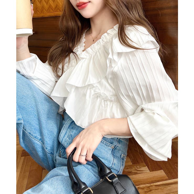 ドビーストライプマルチウェイオフショルクロスフリルショート丈ブラウス | moment+ | 詳細画像6 