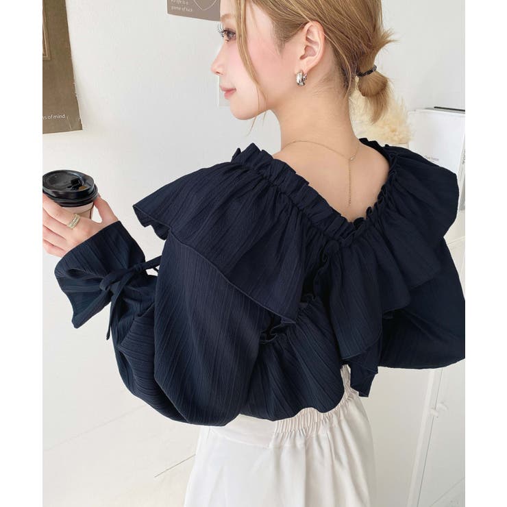 ドビーストライプマルチウェイオフショルクロスフリルショート丈ブラウス | moment+ | 詳細画像73 