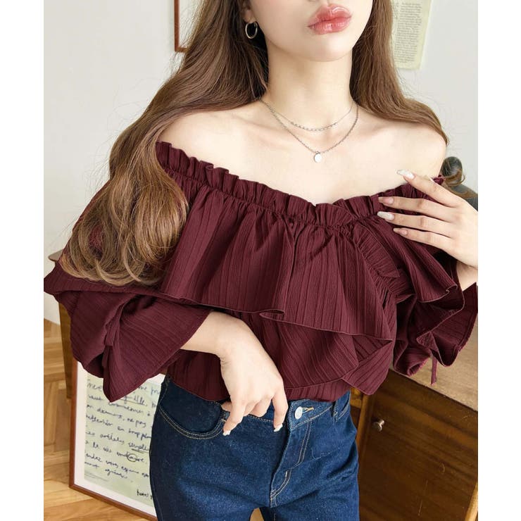 ドビーストライプマルチウェイオフショルクロスフリルショート丈ブラウス | moment+ | 詳細画像75 