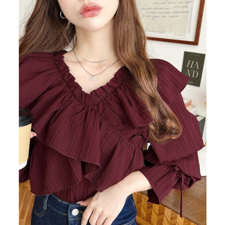 ボルドー | ドビーストライプマルチウェイオフショルクロスフリルショート丈ブラウス | moment+