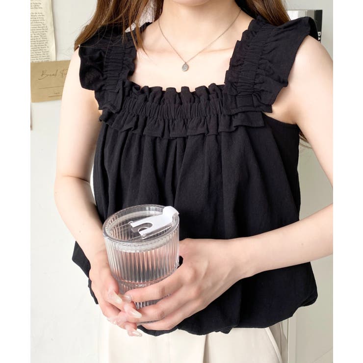 コットンワッシャーフリルショルダーバルーンシルエットノースリーブトップス | moment+ | 詳細画像3 