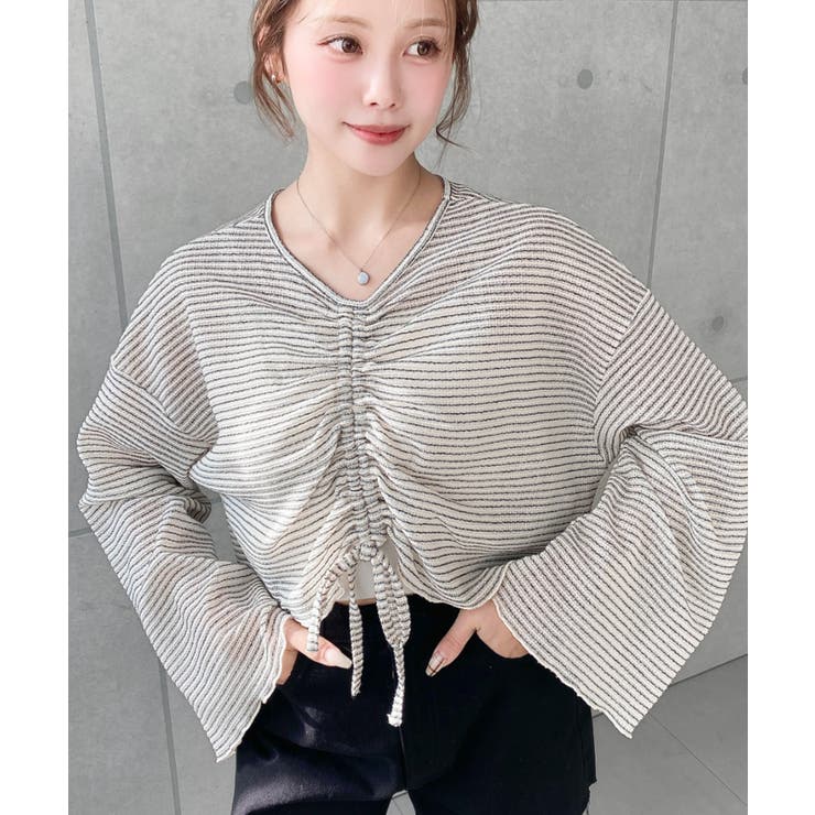 シアーボーダーフレアスリーブ長袖シャーリングプルオーバー | moment+ | 詳細画像10 