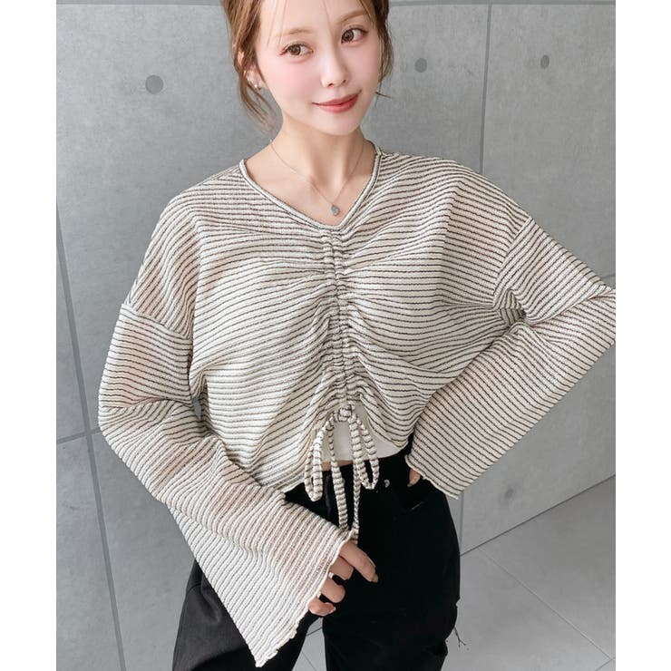 シアーボーダーフレアスリーブ長袖シャーリングプルオーバー | moment+ | 詳細画像12 