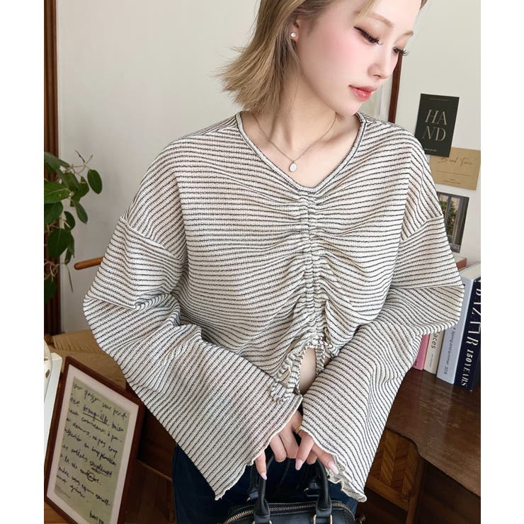 シアーボーダーフレアスリーブ長袖シャーリングプルオーバー | moment+ | 詳細画像14 