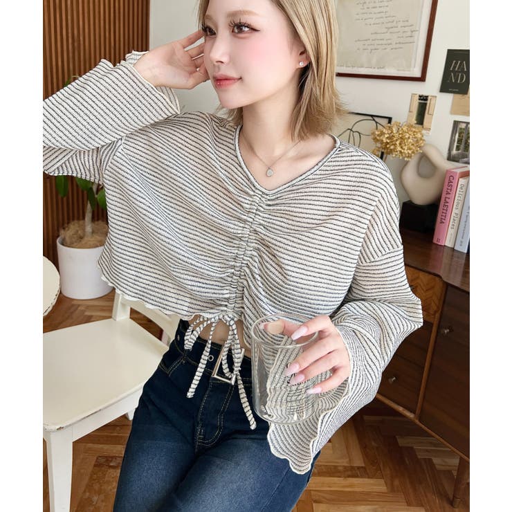 シアーボーダーフレアスリーブ長袖シャーリングプルオーバー | moment+ | 詳細画像16 