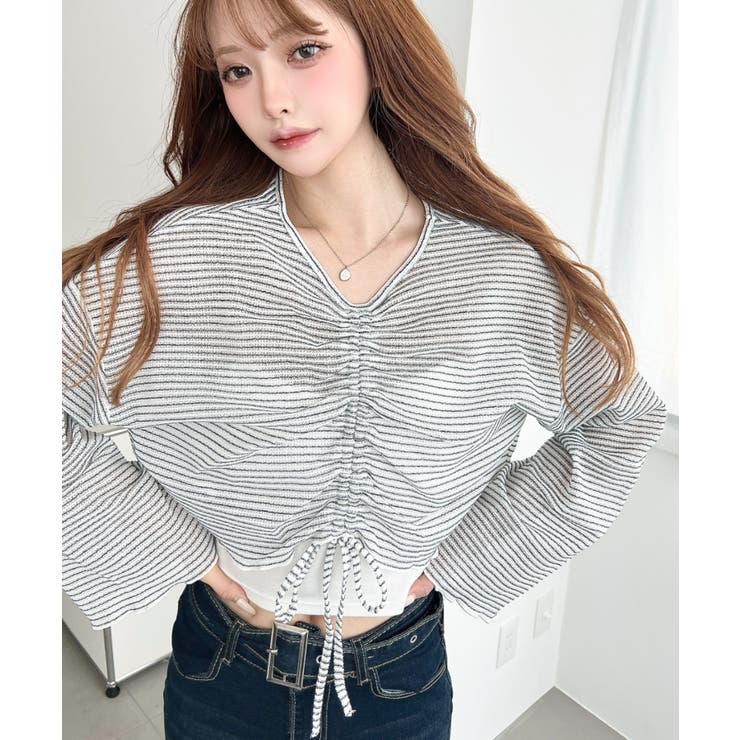 シアーボーダーフレアスリーブ長袖シャーリングプルオーバー | moment+ | 詳細画像2 