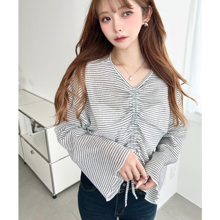 シアーボーダーフレアスリーブ長袖シャーリングプルオーバー | moment+ | 詳細画像3 