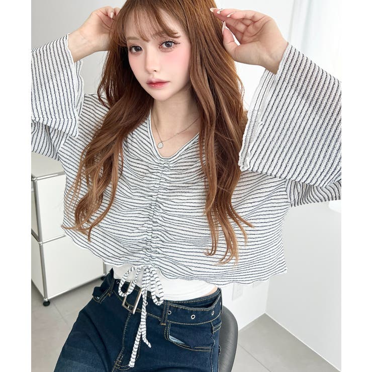 シアーボーダーフレアスリーブ長袖シャーリングプルオーバー | moment+ | 詳細画像4 