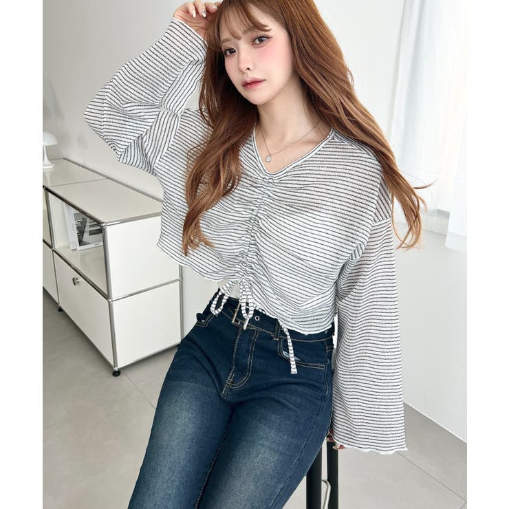 シアーボーダーフレアスリーブ長袖シャーリングプルオーバー | moment+ | 詳細画像5 