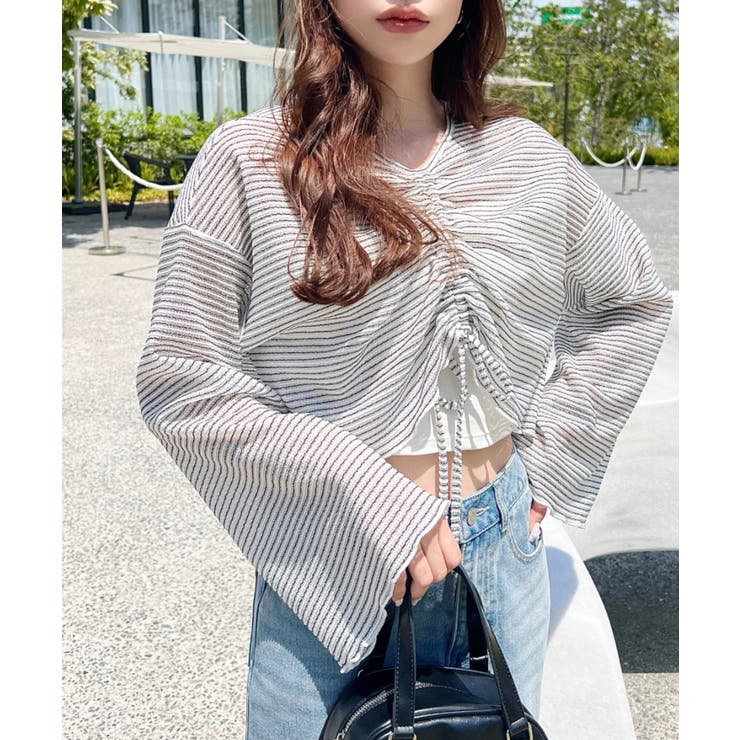 シアーボーダーフレアスリーブ長袖シャーリングプルオーバー | moment+ | 詳細画像7 