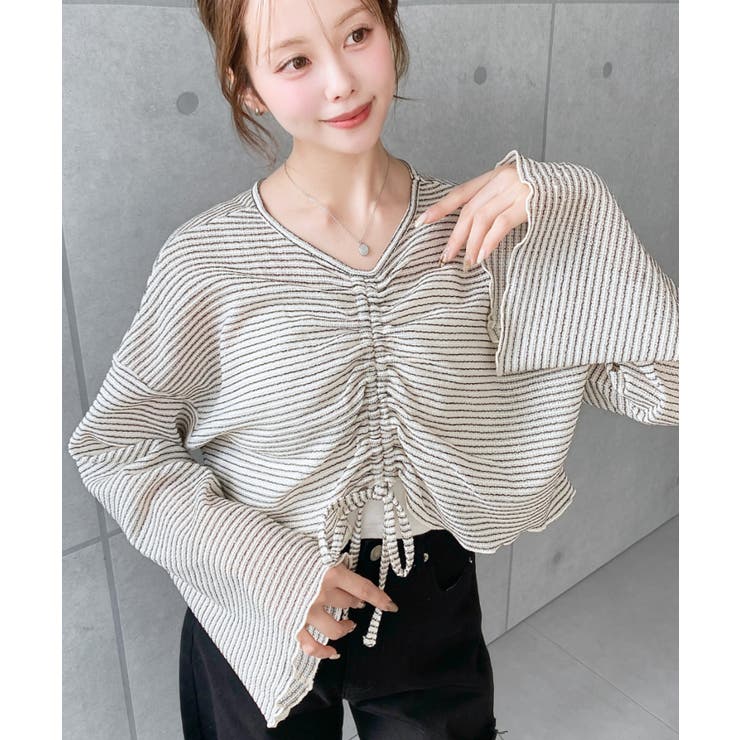 シアーボーダーフレアスリーブ長袖シャーリングプルオーバー | moment+ | 詳細画像9 