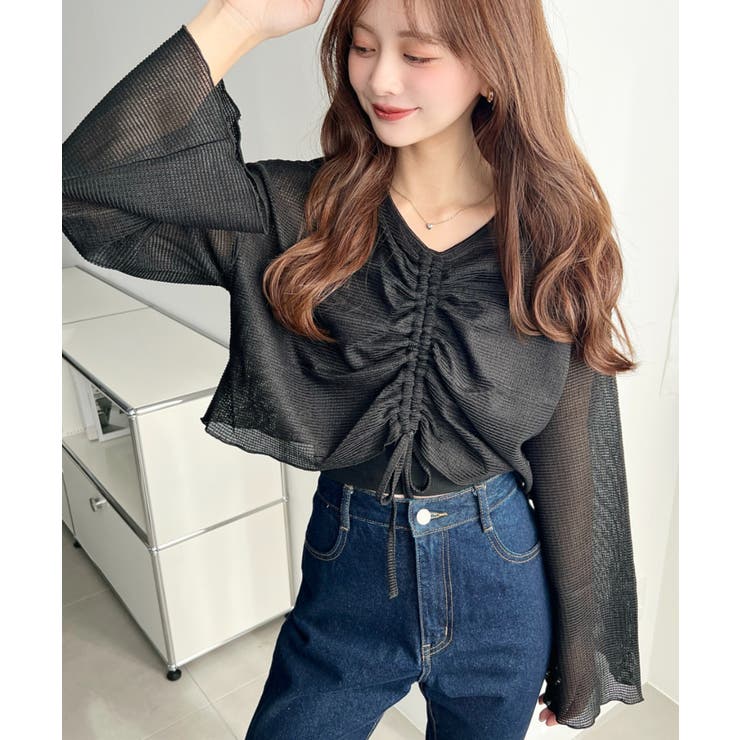 ブラック | シアーボーダーフレアスリーブ長袖シャーリングプルオーバー | moment+