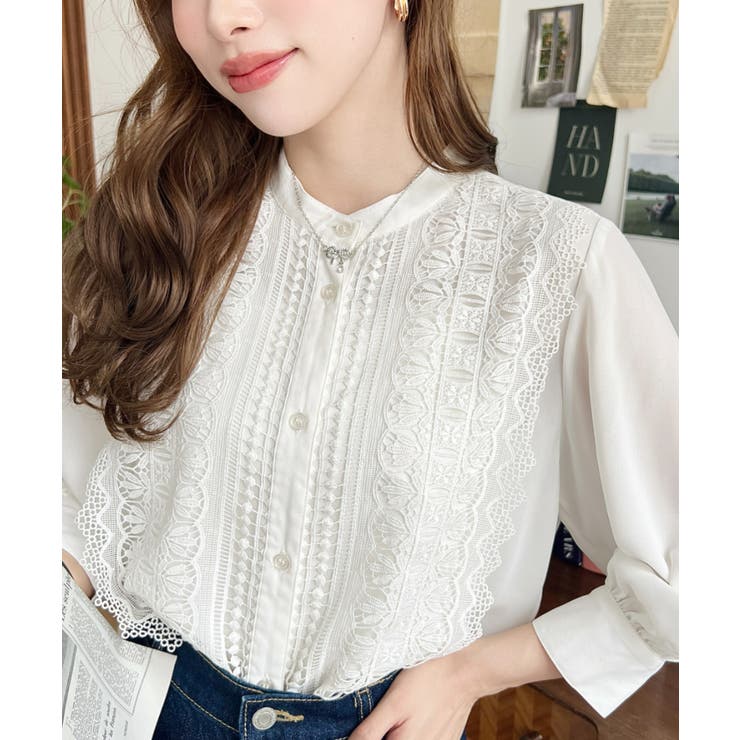 クロスアンドクロス ピンタックレース スタンドカラーシャツ フリル