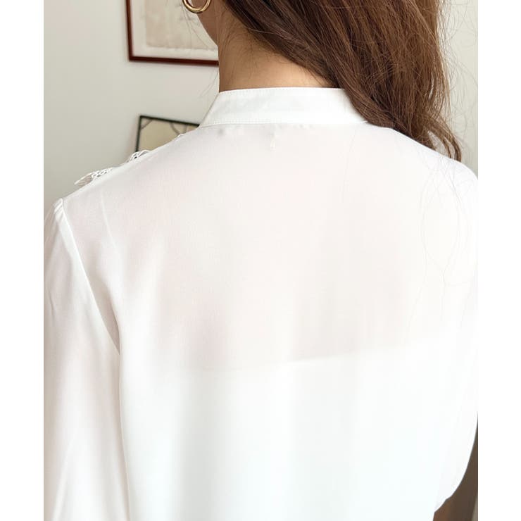 シフォンジョーゼットスタンドカラーフロントレースシャツ | moment+ | 詳細画像10 