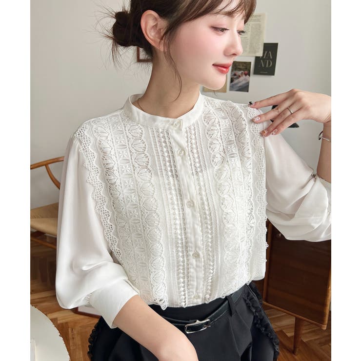 シフォンジョーゼットスタンドカラーフロントレースシャツ | moment+ | 詳細画像12 