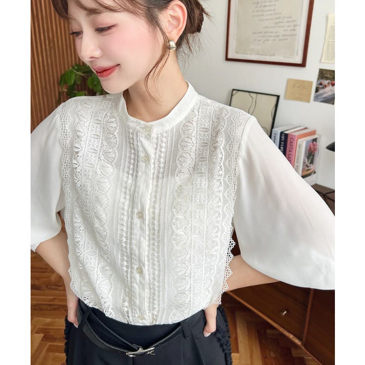 シフォンジョーゼットスタンドカラーフロントレースシャツ | moment+ | 詳細画像13 