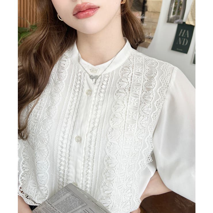 シフォンジョーゼットスタンドカラーフロントレースシャツ | moment+ | 詳細画像16 