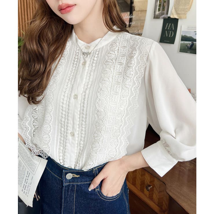 シフォンジョーゼットスタンドカラーフロントレースシャツ | moment+ | 詳細画像19 