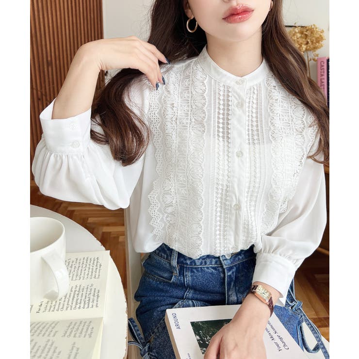 シフォンジョーゼットスタンドカラーフロントレースシャツ | moment+ | 詳細画像2 