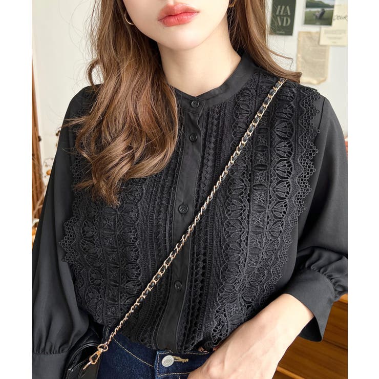 シフォンジョーゼットスタンドカラーフロントレースシャツ | moment+ | 詳細画像21 