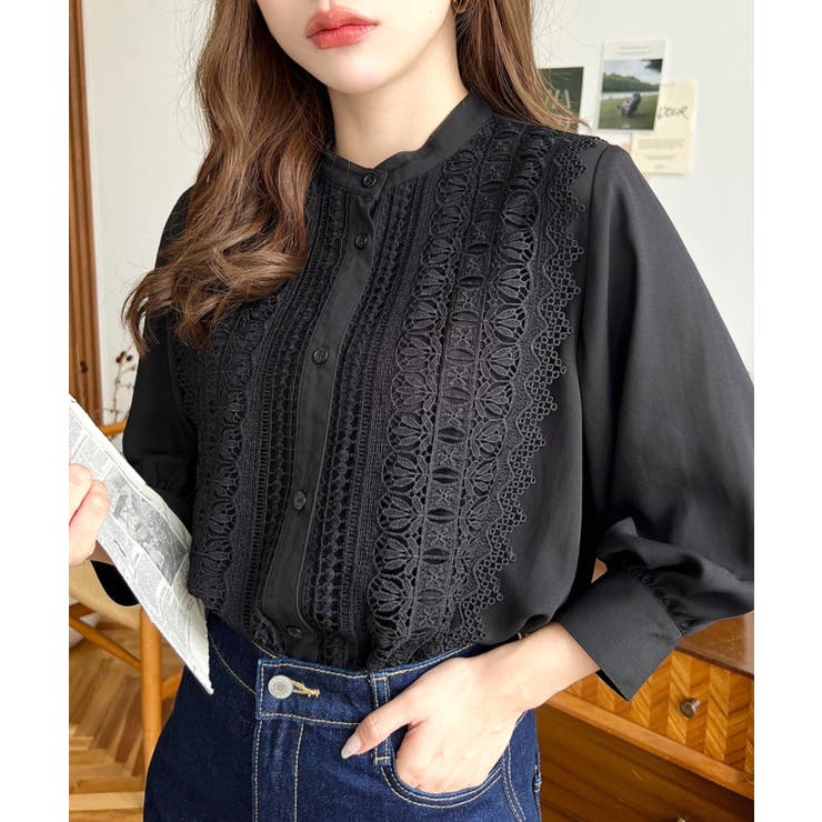 シフォンジョーゼットスタンドカラーフロントレースシャツ | moment+ | 詳細画像22 