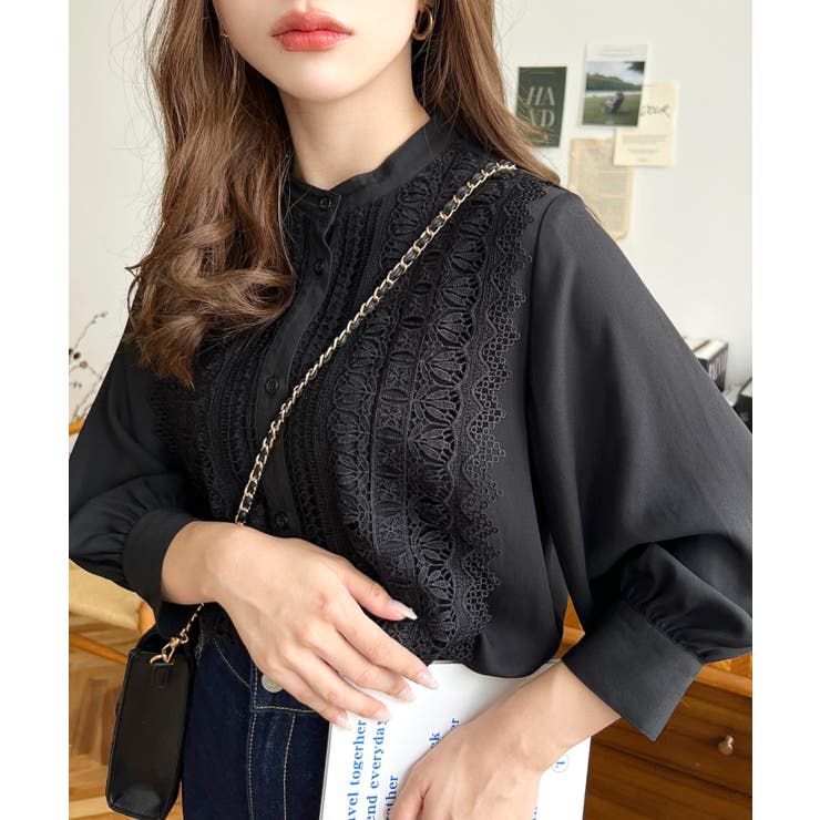 シフォンジョーゼットスタンドカラーフロントレースシャツ | moment+ | 詳細画像24 