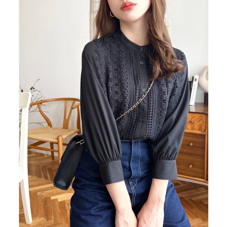 シフォンジョーゼットスタンドカラーフロントレースシャツ | moment+ | 詳細画像25 