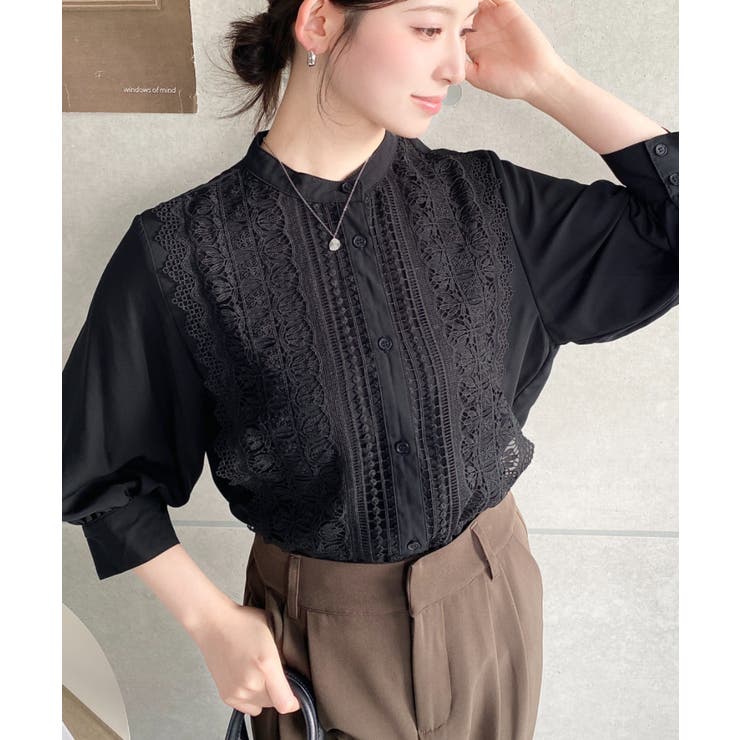 シフォンジョーゼットスタンドカラーフロントレースシャツ | moment+ | 詳細画像28 