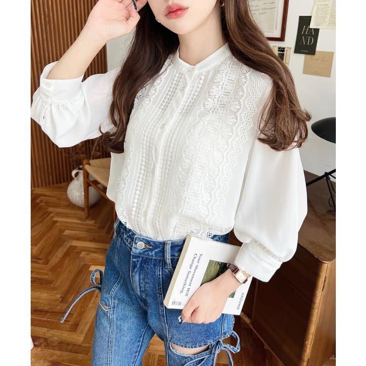 シフォンジョーゼットスタンドカラーフロントレースシャツ | moment+ | 詳細画像3 