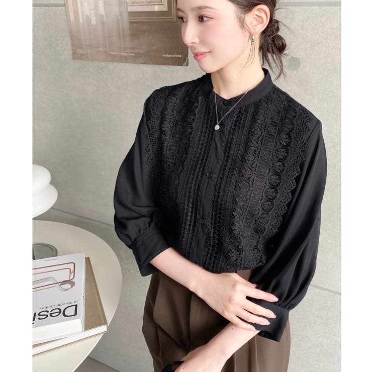 シフォンジョーゼットスタンドカラーフロントレースシャツ | moment+ | 詳細画像30 