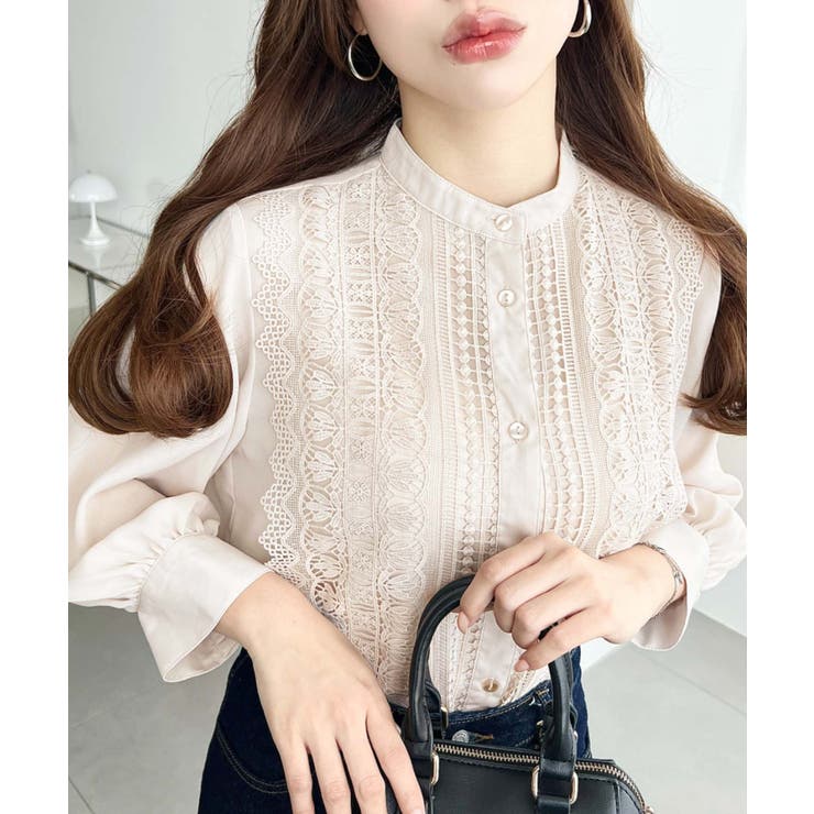 シフォンジョーゼットスタンドカラーフロントレースシャツ | moment+ | 詳細画像32 