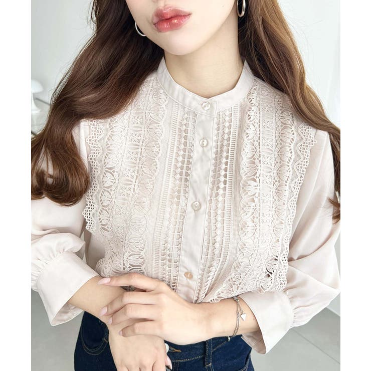 シフォンジョーゼットスタンドカラーフロントレースシャツ | moment+ | 詳細画像33 