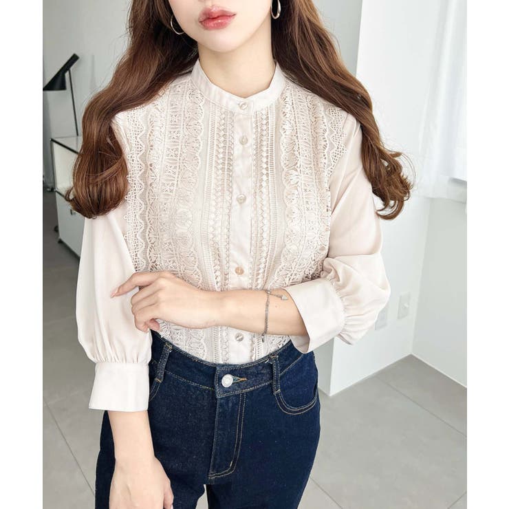 シフォンジョーゼットスタンドカラーフロントレースシャツ | moment+ | 詳細画像34 